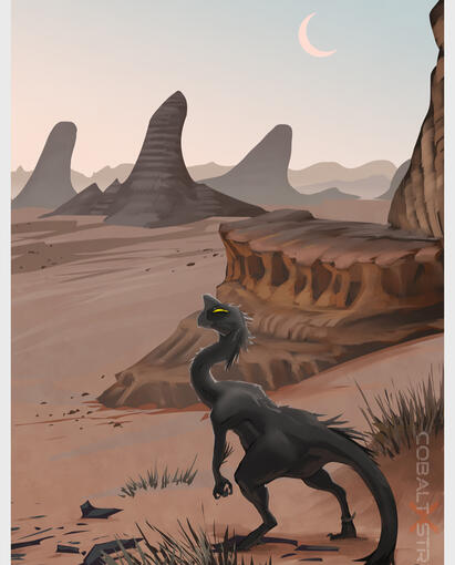 Personal work. My black oviraptor character wanders through a desert. Personal work. My black oviraptor character wanders through a desert.