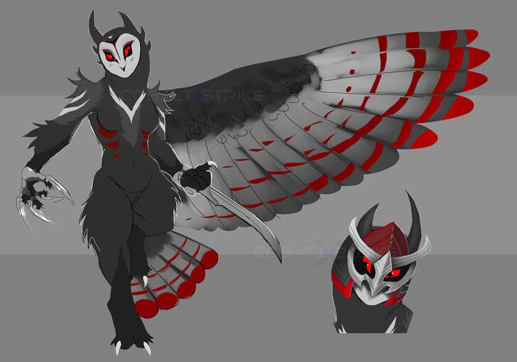 Black, gray and red owl character